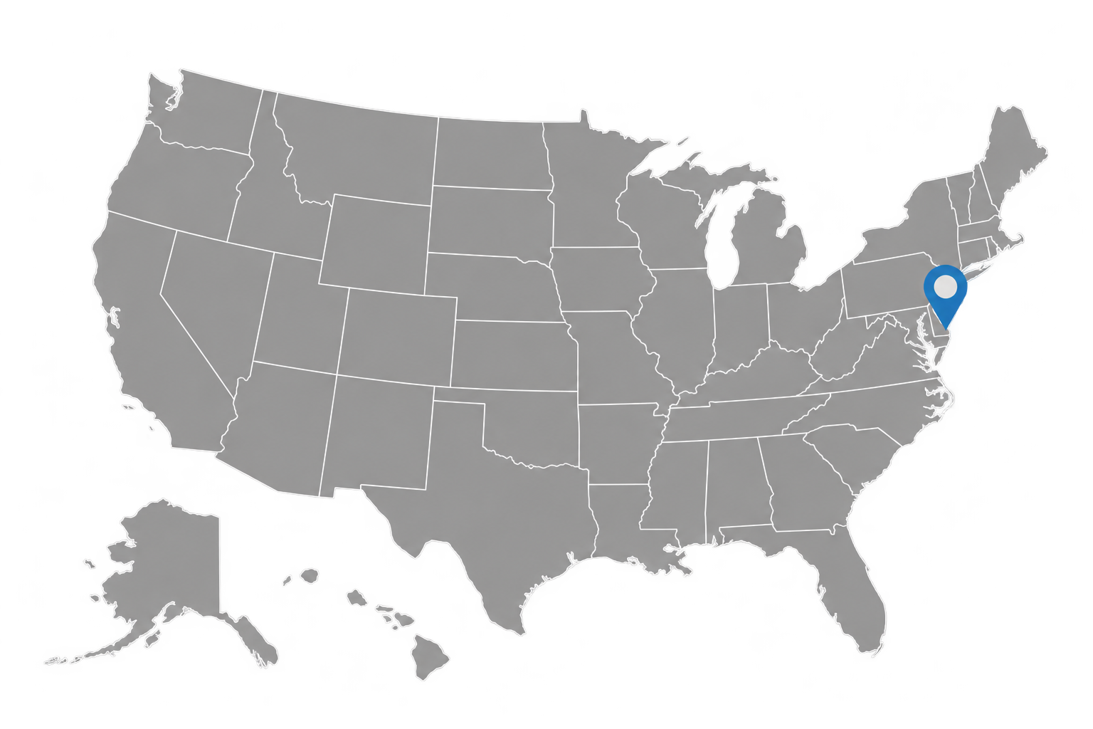 Map of the United States with a pin marking the DB Sound Products office in Delaware